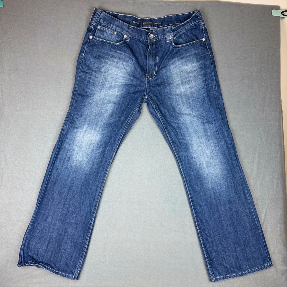 Helix Mens Relaxed Bootcut Jeans Blue Dark Wash Cotton 38W 32L Y2K Skater Grunge